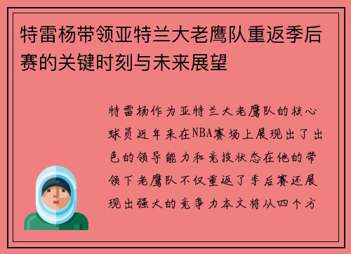 特雷杨带领亚特兰大老鹰队重返季后赛的关键时刻与未来展望
